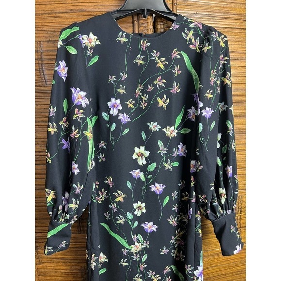 NWOT H&M Black Floral Print Long Ballon Sleeve Button Cuff Dress Whimsical 4 - Picture 4 of 6